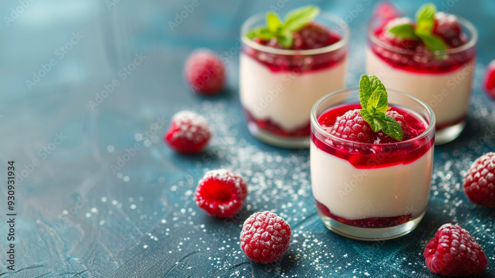 Panna Cotta with Fresh Raspberries and Mint Garnish on a Blue Plate Panna Cotta with Fresh Raspberries and Mint Garnish on a Blue Plate