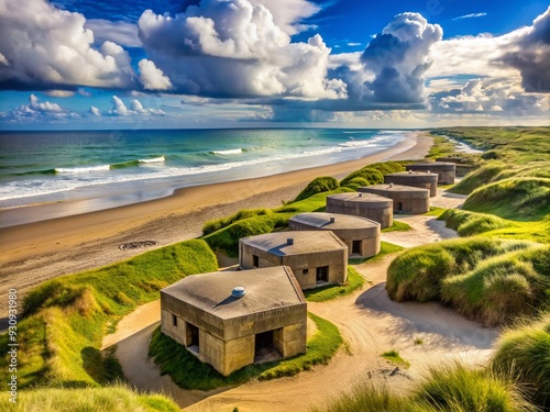 Rugged German blockhouses and Tobruk bunkers stand remnants of WWII's Normandy landings on Utah Beach, France, where Allied forces fought for victory on D-Day. photo