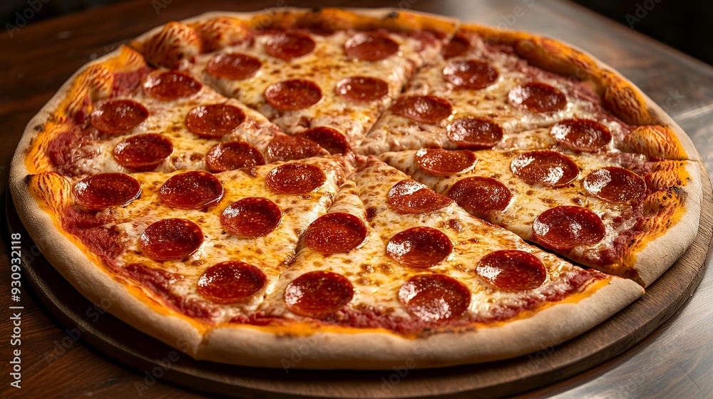 A freshly baked pepperoni pizza with melted cheese and a crispy crust, cut into eight slices and served on a wooden table. A freshly baked pepperoni pizza with melted cheese and a crispy crust, cut into eight slices and served on a wooden table.