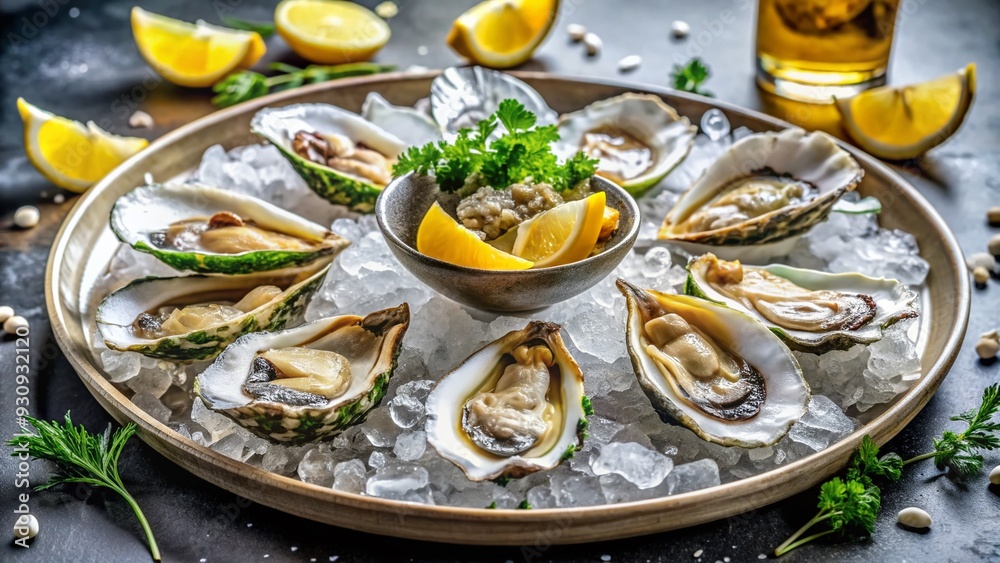 Freshly shucked oysters on a bed of ice, garnished with a slice of lemon, delicately savored by a solitary diner at an elegant table setting. Freshly shucked oysters on a bed of ice, garnished with a slice of lemon, delicately savored by a solitary diner at an elegant table setting.