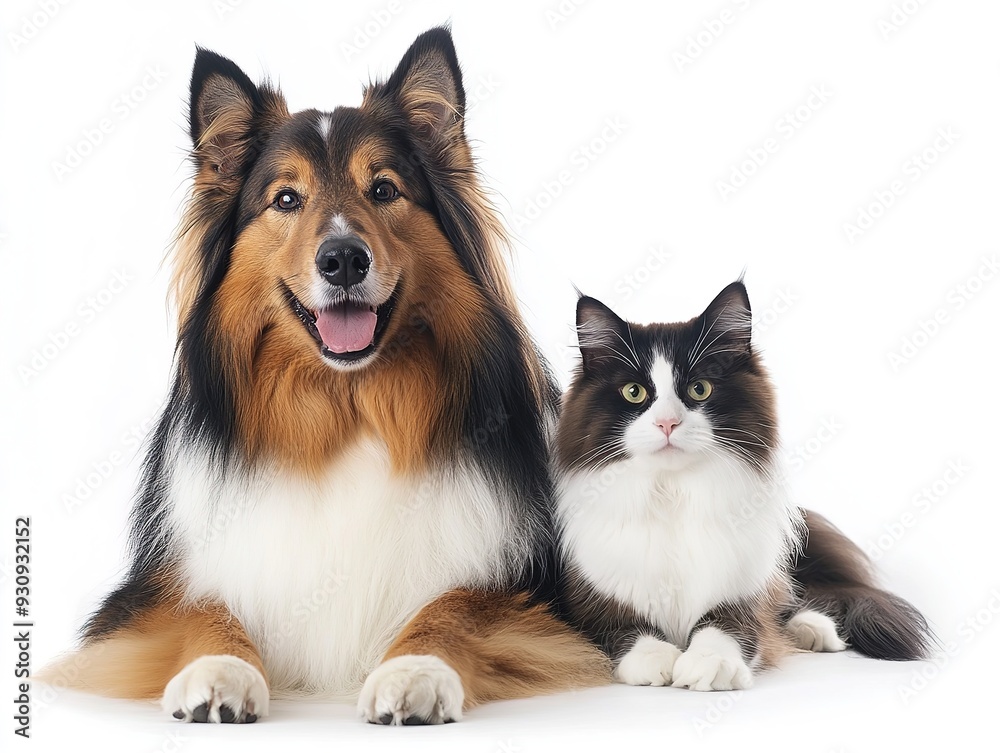 Obraz premium Adorable Australian Shepherd and Cat Duo Pose Together, Playful and Content, Gazing at Camera on a Clean White Background. Companionship and Pet Friendship Concepts.