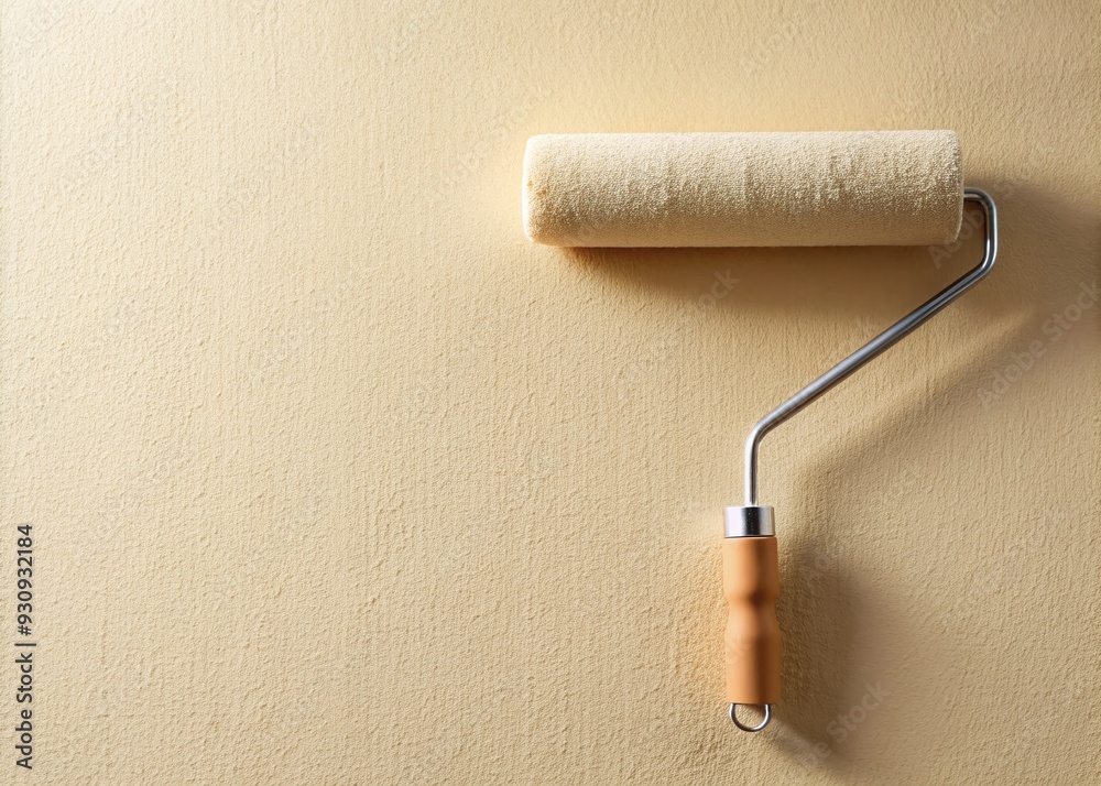 Obraz premium A freshly coated light-hued wall transforms with each smooth stroke as a roller glides effortlessly, leaving a subtle sheen in its wake.