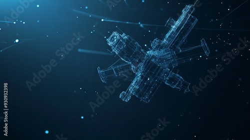 Fototapeta Naklejka Na Ścianę i Meble -  Abstract mash line and point Orbital space station on dark blue background with an inscription. Low poly wireframe with lines, dots and glowing particles
