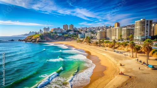 Warm sandy beach in Reñaca neighborhood, Viña del Mar, Chile, bathed in bright sunlight under a vibrant blue summer sky with calm turquoise waters. photo