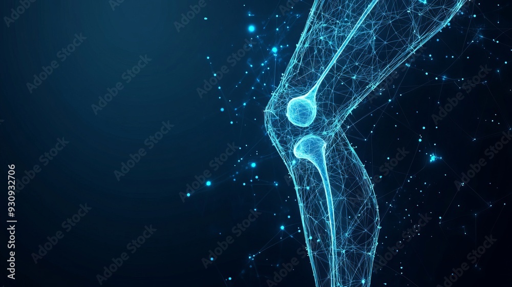 Abstract polygonal knee-joint on dark blue background. Infographic medicine technology innovation concept. Low poly wireframe with lines, dots and glowing particles Abstract polygonal knee-joint on dark blue background. Infographic medicine technology innovation concept. Low poly wireframe with lines, dots and glowing particles