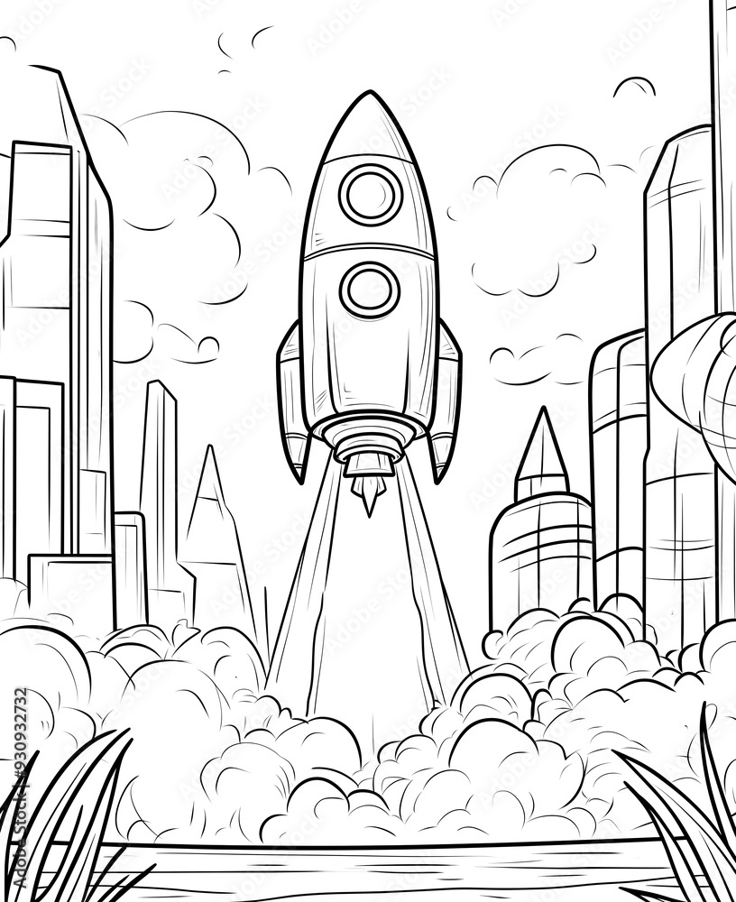 Hand-Drawn Rocket Launching from Futuristic Cityscape Hand-Drawn Rocket Launching from Futuristic Cityscape