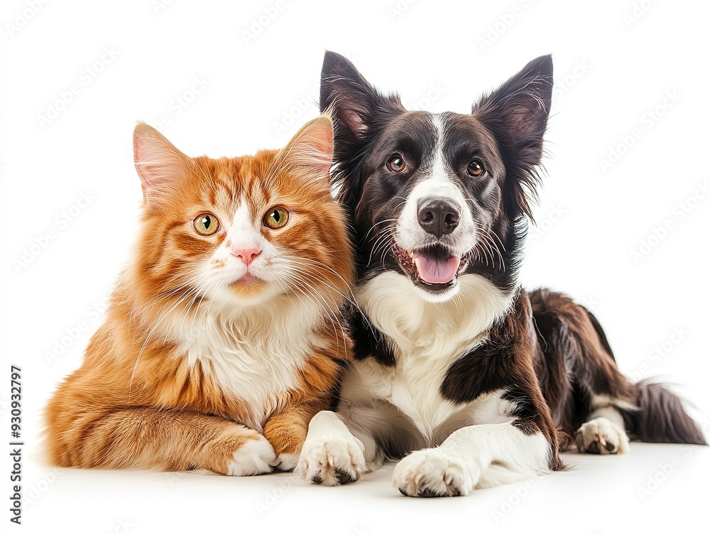 Adorable Australian Shepherd and Cat Duo Pose Together, Playful and Content, Gazing at Camera on a Clean White Background. Companionship and Pet Friendship Concepts. Adorable Australian Shepherd and Cat Duo Pose Together, Playful and Content, Gazing at Camera on a Clean White Background. Companionship and Pet Friendship Concepts.