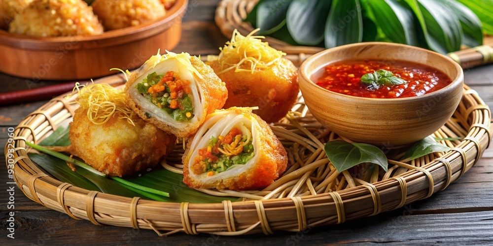 Crispy fried dumpling from Indonesian cuisine, filled with rice vermicelli, vegetables, potatoes, and eggs, served with spicy, sweet, and sour dipping sauce. Crispy fried dumpling from Indonesian cuisine, filled with rice vermicelli, vegetables, potatoes, and eggs, served with spicy, sweet, and sour dipping sauce.