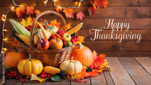 Thanksgiving Basket with Harvest Vegetables and Pumpkins