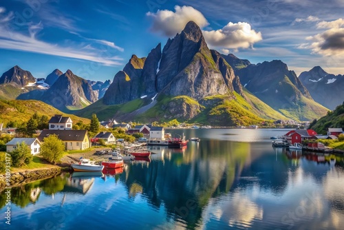 Dramatic mountain peaks rise behind a serene fjord and quaint village, set against a brilliant blue sky, in picturesque Reinebringen, Lofoten, Norway.