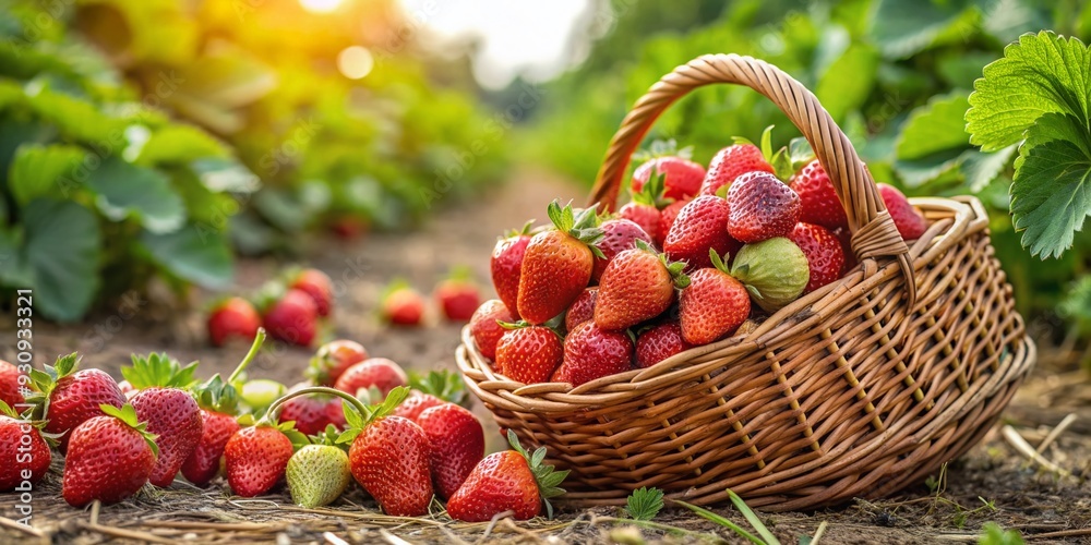 Freshly picked red strawberries overflow from a wicker basket on the ground of an organic farm, ready for export, showcasing sustainable agricultural practices. Freshly picked red strawberries overflow from a wicker basket on the ground of an organic farm, ready for export, showcasing sustainable agricultural practices.