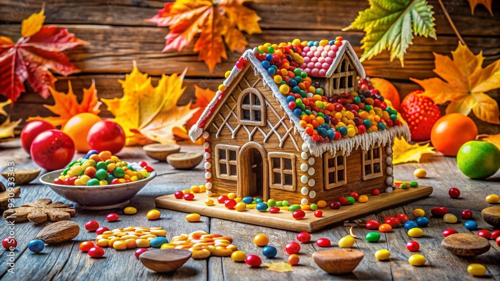 Fototapeta premium Gingerbread house-building activity in Queens County, Nova Scotia, on a crisp autumn day, with colorful candies and festive decorations scattered across wooden tables.