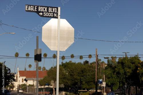 Los Angeles, California, USA - August 18, 2024: Sunlight shines on the historic Eagle Rock Blvd street sign. photo