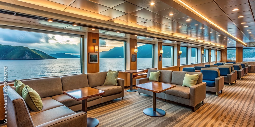 Cozy interior seating area on a ferry ship in Xiaoliuqiu, Taiwan, features comfortable chairs, large windows, and sleek decor, perfect for a relaxing maritime journey. Cozy interior seating area on a ferry ship in Xiaoliuqiu, Taiwan, features comfortable chairs, large windows, and sleek decor, perfect for a relaxing maritime journey.