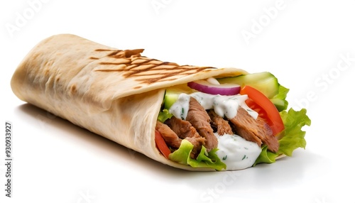 Delicious Grilled Chicken Wrap with Yogurt Sauce, Fresh Vegetables and Red Onion photo