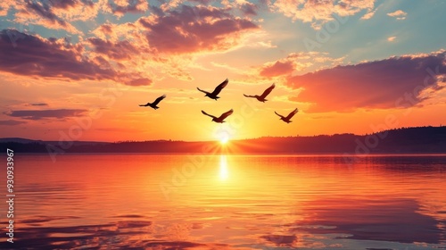 Birds Flying Over the Lake at Sunset