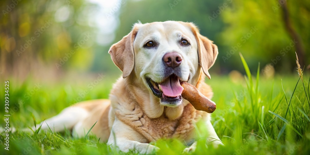 Adorable senior Labrador Retriever lies on lush green grass, happily chewing on a favorite brown bone, showcasing contentment and joyful companionship in the great outdoors.