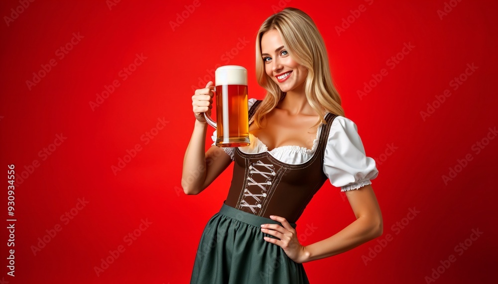 Beautiful waitress smiling beer mug drindl dress oktoberfest festival red background Beautiful waitress smiling beer mug drindl dress oktoberfest festival red background