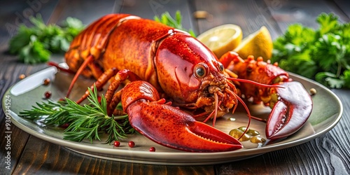 Close up of fresh cooked lobster on a gourmet plate , seafood, lobster, dinner, gourmet, delicious, healthy, cuisine, shellfish photo