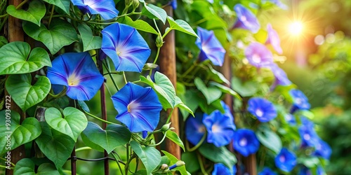 Vibrant blue morning glory flowers climbing a trellis surrounded by lush green leaves, morning glory, flowers, blue, vibrant photo