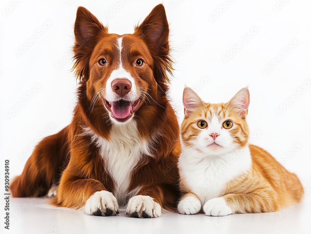 Adorable Ginger Cat and Red Border Collie Posing Playfully Together in a Studio, Capturing the Essence of Companionship and Whimsy in Animal Photography
