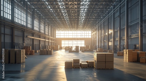 A large empty warehouse with rows of cardboard boxes, sun shining through the windows.