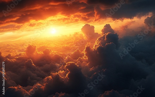 A breathtaking aerial view of a fiery sunset with dramatic clouds. The sun shines through the clouds, creating a beautiful and inspiring sight.