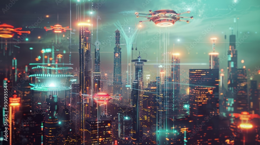 Fototapeta premium Futuristic Cityscape with Flying Drones