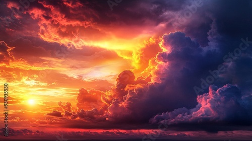 A vibrant sunset with fiery orange and yellow clouds contrasted with dark grey and purple clouds.