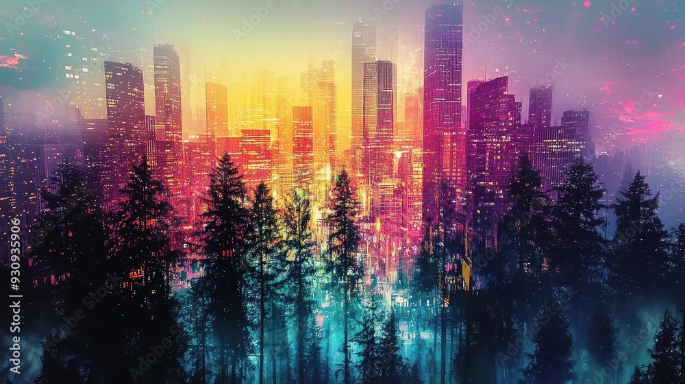 Obraz premium A stunning blend of urban skyline and forest, showcasing vibrant colors and surreal lighting at twilight.