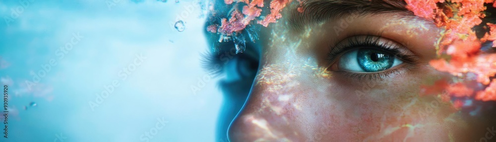 Fototapeta premium Ethereal underwater portrait featuring vivid coral, mesmerizing blue tone, and captivating eyes, conveying a sense of serenity and beauty.
