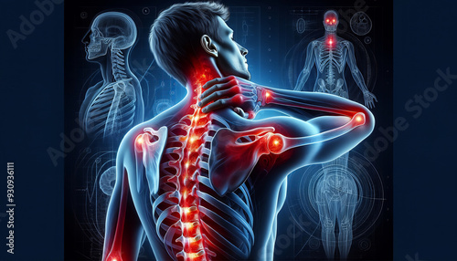 Digital artwork depicting pain points in human anatomy with skeletal details.