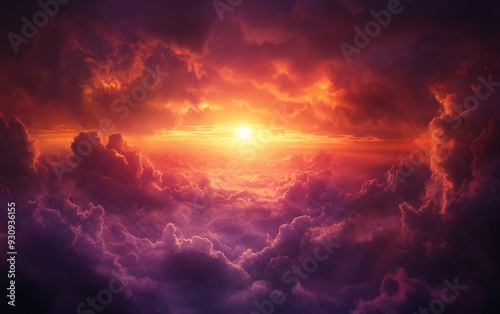 A breathtaking view of a fiery sunset over a sea of clouds, with the sun shining brightly through the dramatic sky.