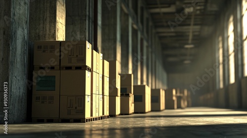 A long warehouse corridor with stacks of cardboard boxes on pallets along the sides.