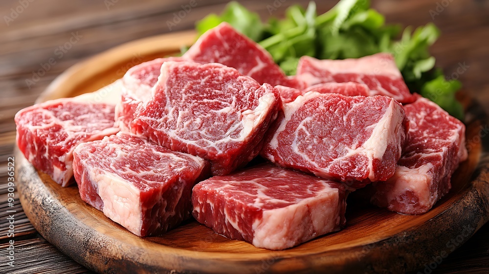 Raw Beef Cubes on Wooden Cutting Board Raw Beef Cubes on Wooden Cutting Board