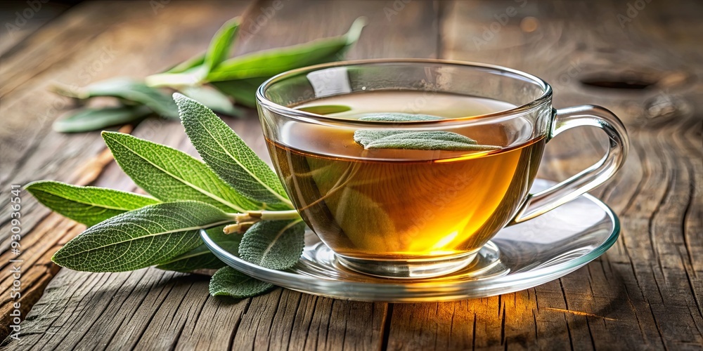 Close-up of a cup of freshly brewed sage tea, sage, tea, herbal, hot beverage, drink, remedy, healthy, aromatic, wellness Close-up of a cup of freshly brewed sage tea, sage, tea, herbal, hot beverage, drink, remedy, healthy, aromatic, wellness