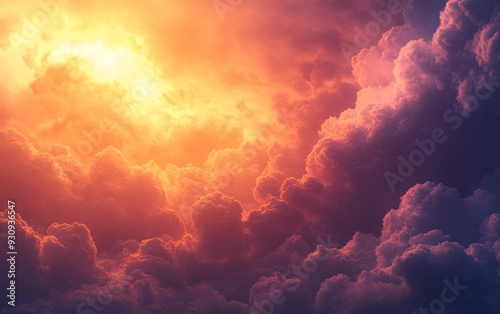 Dramatic, colorful clouds with a bright sun shining through.