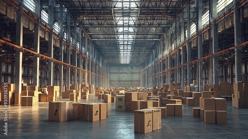 A large, empty warehouse with scattered cardboard boxes, sunlight streaming through the windows.