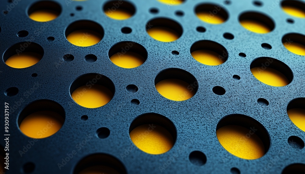 A close-up of a textured surface with circular holes and contrasting colors.