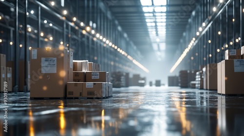 A large warehouse with rows of stacked cardboard boxes, lit by overhead lights.