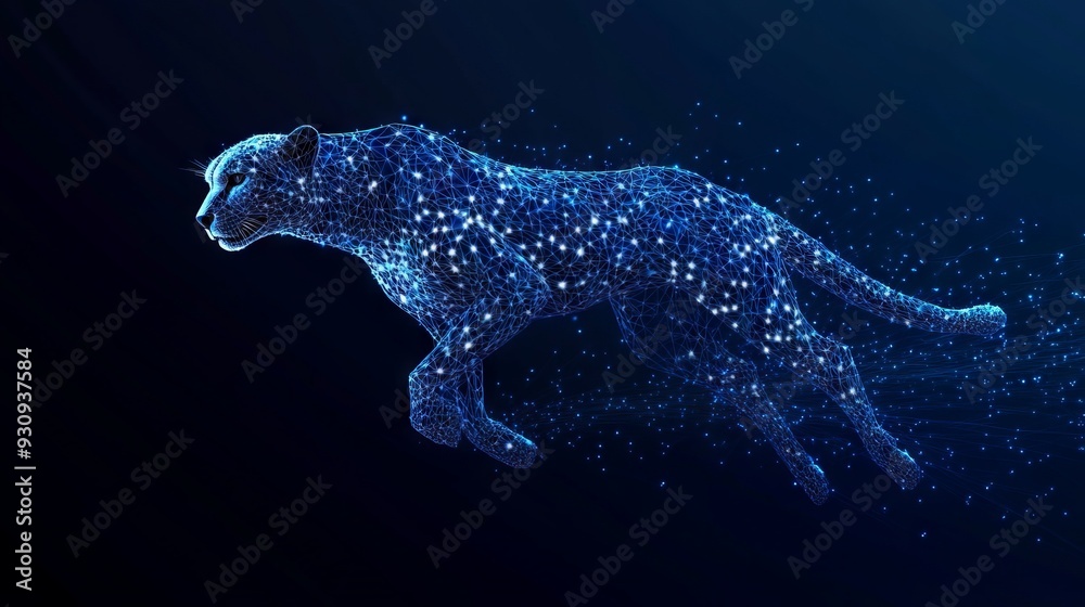 Obraz premium Low poly cheetah in motion. With dark blue background. Low poly wireframe with lines, dots and glowing particles
