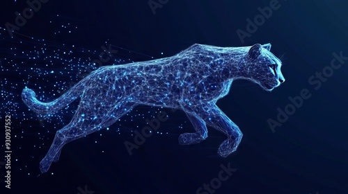 Low poly cheetah in motion. With dark blue background. Low poly wireframe with lines, dots and glowing particles