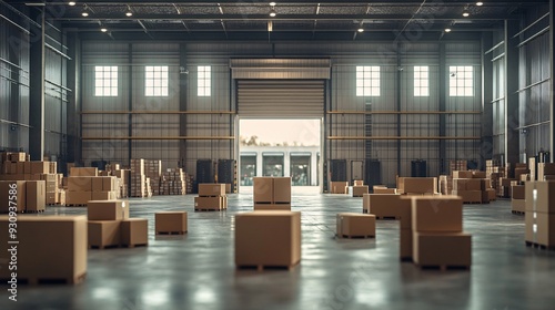 An empty warehouse with cardboard boxes stacked and scattered across the floor, with an open doorway leading to the outside.