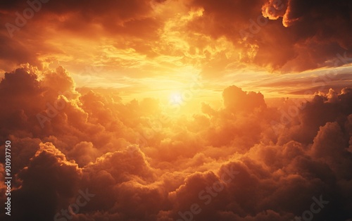 A vibrant sunset over a sea of clouds, with a glowing sun illuminating the sky in hues of orange and red.
