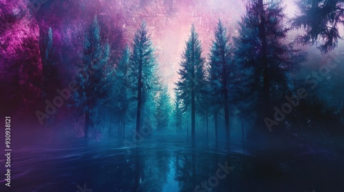 Mysterious forest landscape at twilight, featuring trees, fog, and vibrant colors reflecting in the calm water.