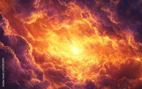 A bright, white light shines through a hole in dark, stormy clouds. The light is surrounded by orange and purple clouds.