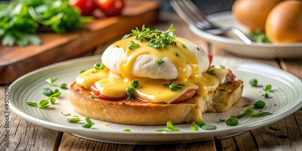 Egg Benedict served with bread , breakfast, brunch, hollandaise sauce, poached eggs, gourmet, delicious Egg Benedict served with bread , breakfast, brunch, hollandaise sauce, poached eggs, gourmet, delicious