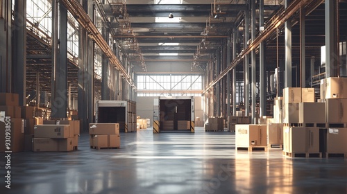 A large warehouse with stacks of cardboard boxes and a semi-trailer truck at the end of the aisle.