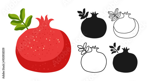 Pomegranate symbol cartoon set. Juicy whole ripe red fruit or linear doodle icon. Abstract tropical flat hand drawn pomegranate. Sign simple linear or silhouette fruit art. Vector trendy illustration
