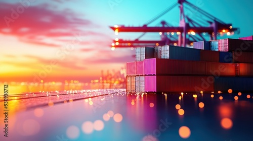 Global Trade at Shipping Port - Containers and Cranes with Copy Space for Text